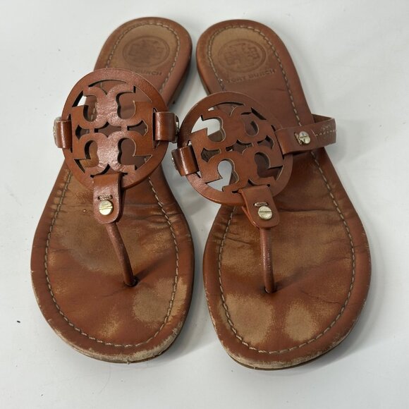 Tory Burch Brown Leather Miller Thong Sandals Size 8M - Picture 1 of 6